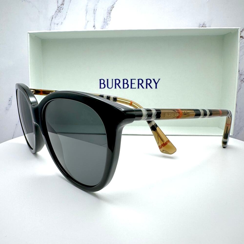 New Burberry Sunglasses Black Front Round Pantos Frame Checkered Arms Gray Lens - Picture 6 of 16